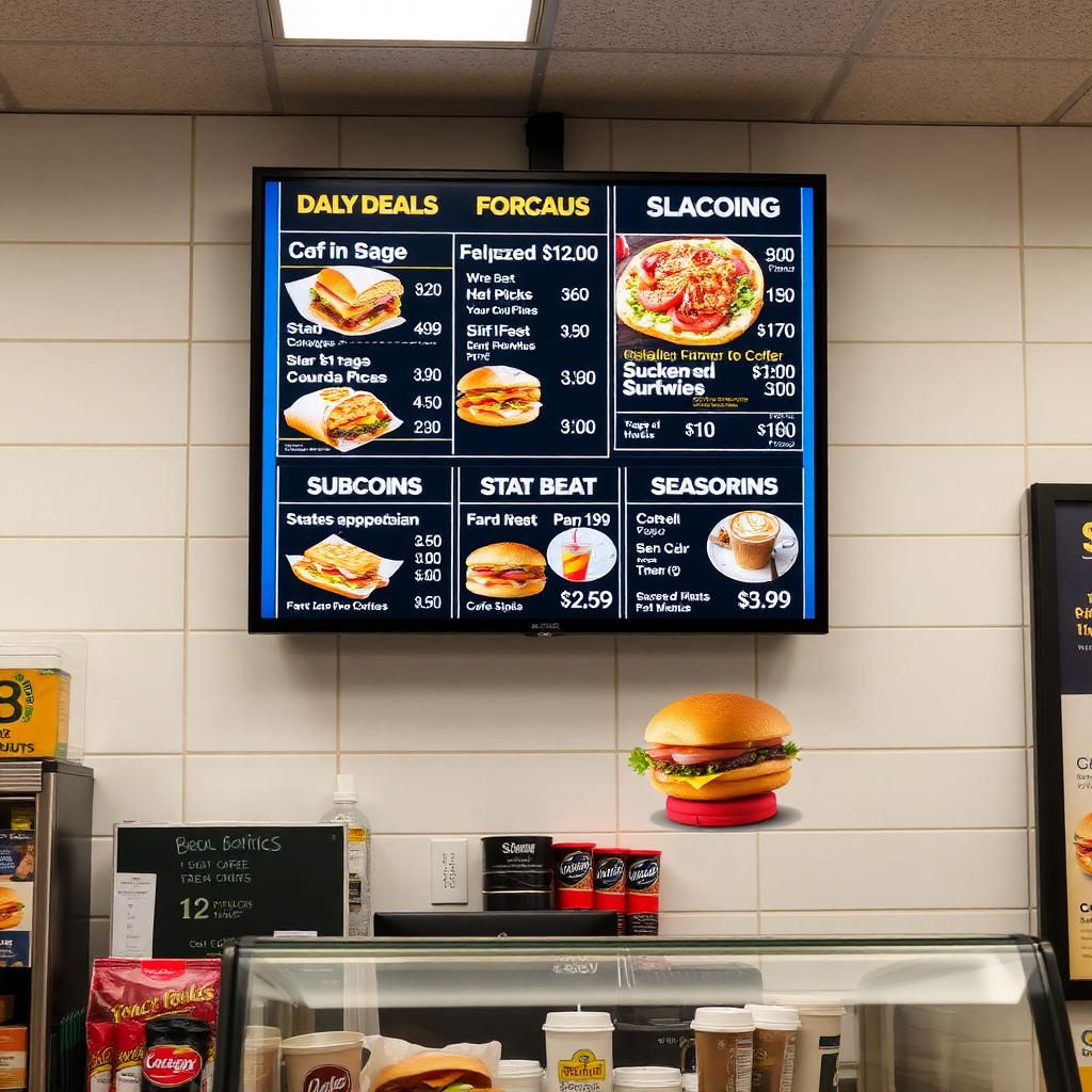 Digital menu board showing daily deals in convenience store