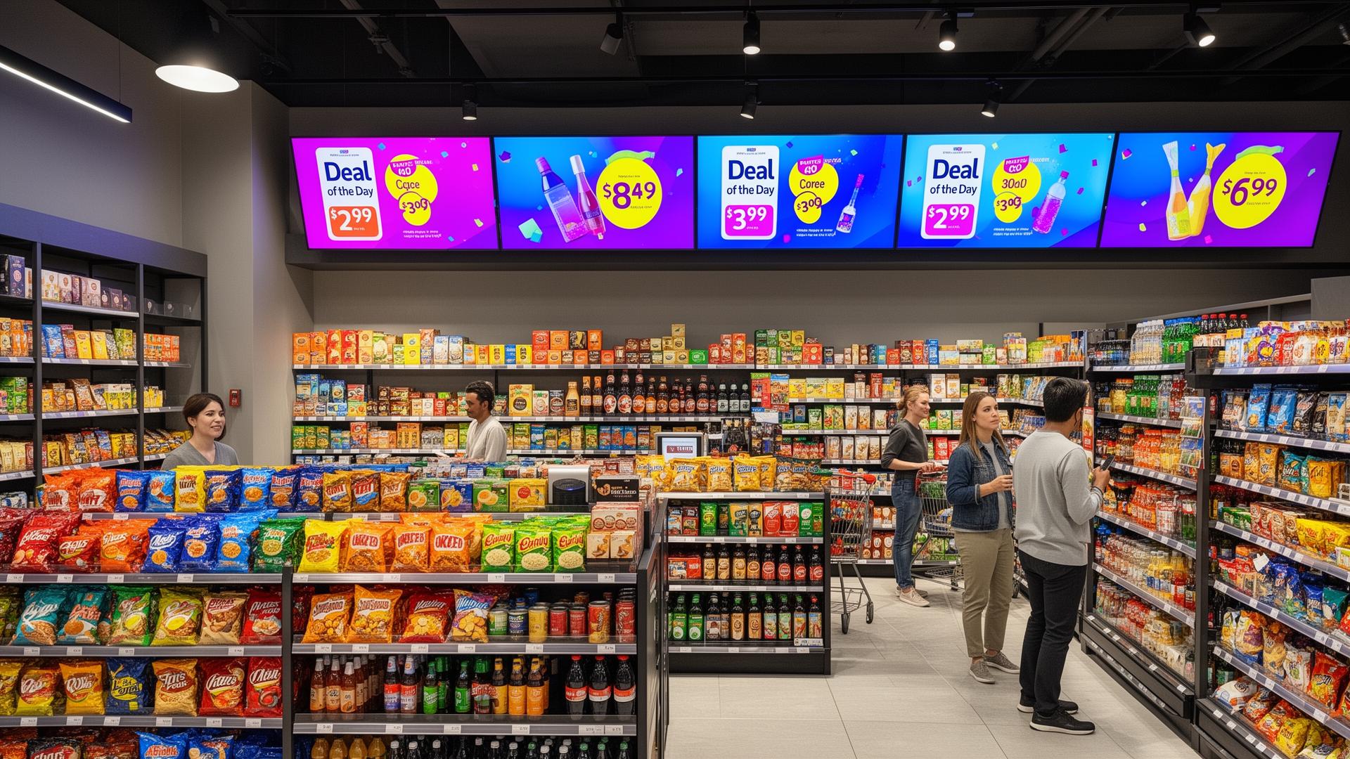 Convenience store digital signage screen displaying deals of the day, combo offers and promotional pricing to increase impulse purchases