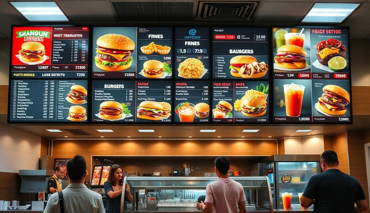 Fast food restaurant counter with large digital menu screens above showing burgers, fries and drinks with prices
