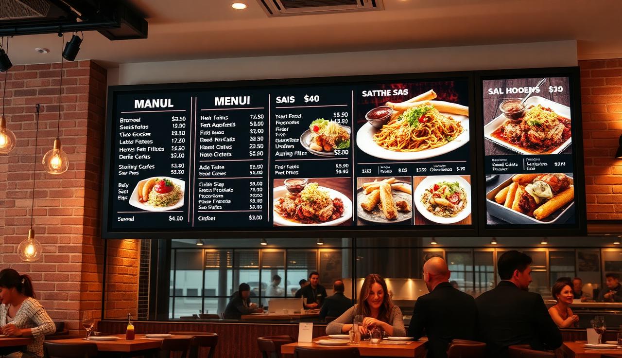 Modern restaurant interior with wall-mounted digital menu board displaying appetizing food items and prices