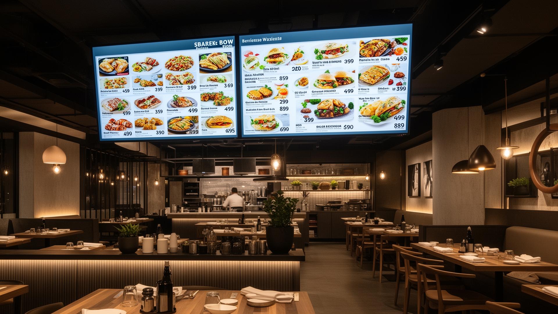 Restaurant digital menu board display showing appetizing food items with prices in modern dining establishment