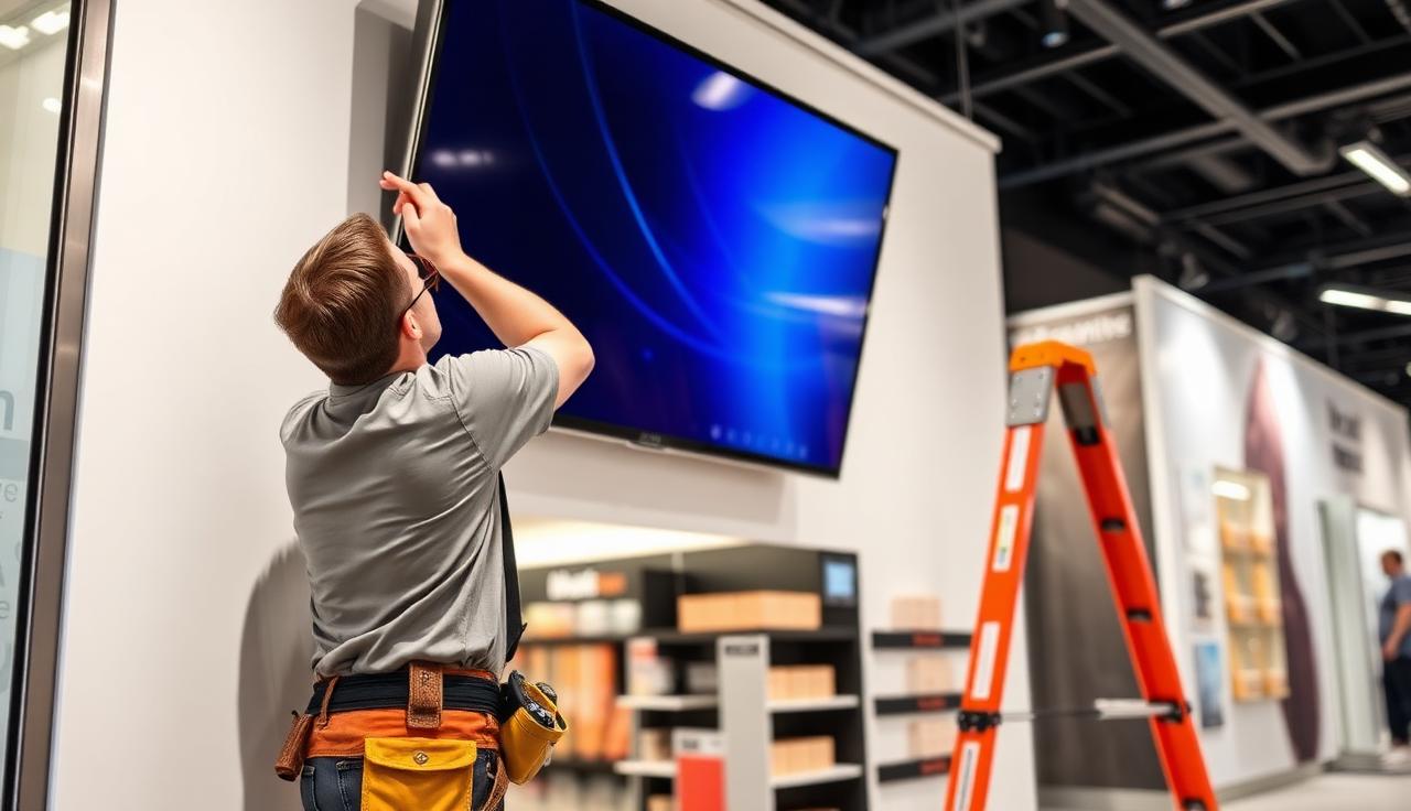 Professional AV installer mounting digital signage display on wall